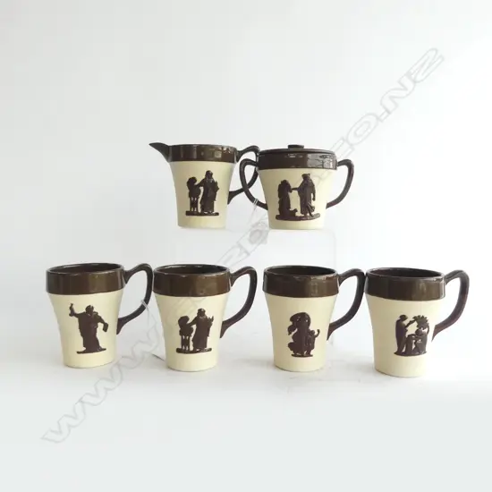 TEMUKA POTTERY LOVATTS JASPER WARE 4 MUGS SUG/MILK, BASS RELIEF WORK AS WEDGWOOD 