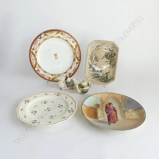 2 ANTIQUE DERBY PLATES (CHIPS), ROYAL DOULTON 'PORTIA' PLATE, BURSLEM 'POPPY' DISH & 2 N.Z. SOUVENIR CHINA