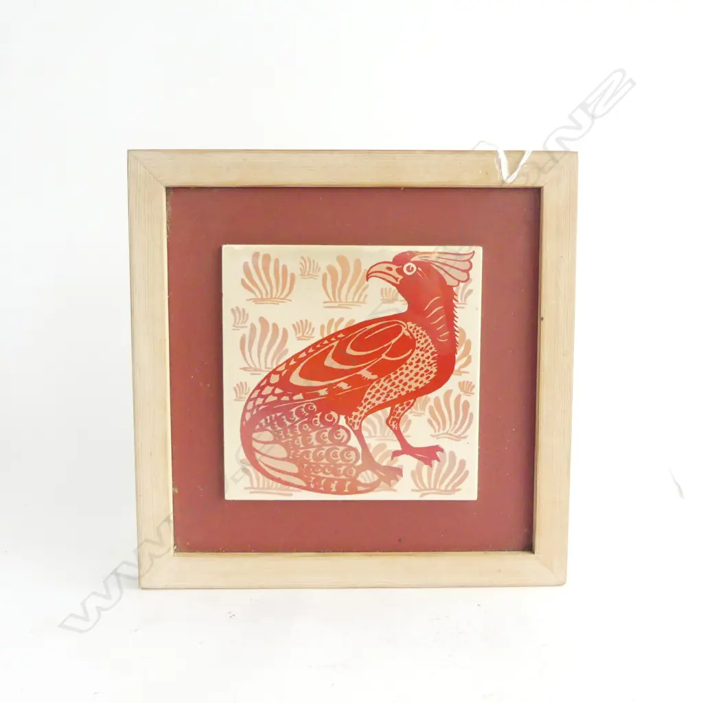 MODERN WILLIAM DE MORGAN TILE RUBY LUSTRE stylised bird design 153x153mm in frame Image 1++