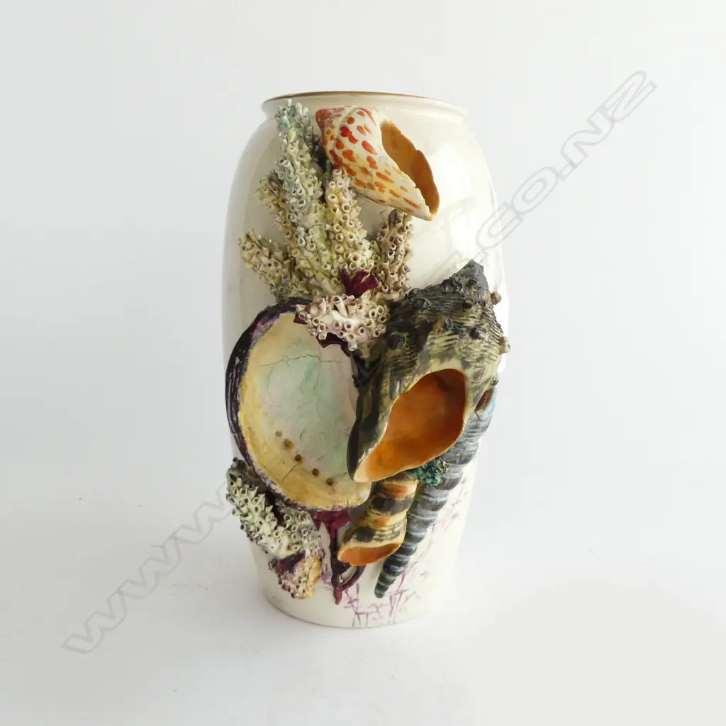 VICTORIAN CERAMIC VASE with SCULPTED APPLIED sea SHELLS & CORALS H.210mm. with English rego diamond. minor faults Image 1++