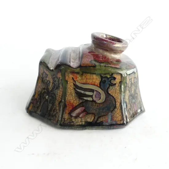 EARLY Louis Etienne 'DESMANT' POTTERY(FRANCE, 1844-1902) INKWELL & PEN STAND lustre glazed w birds & beast. L.120mm