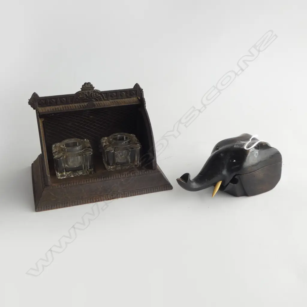 2 INKWELLS; CAST IRON W.175mm & WOODEN ELEPHANT Image 1++