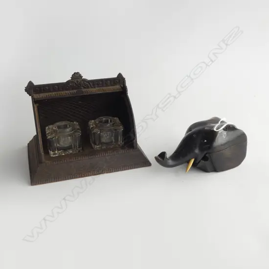 2 INKWELLS; CAST IRON W.175mm & WOODEN ELEPHANT