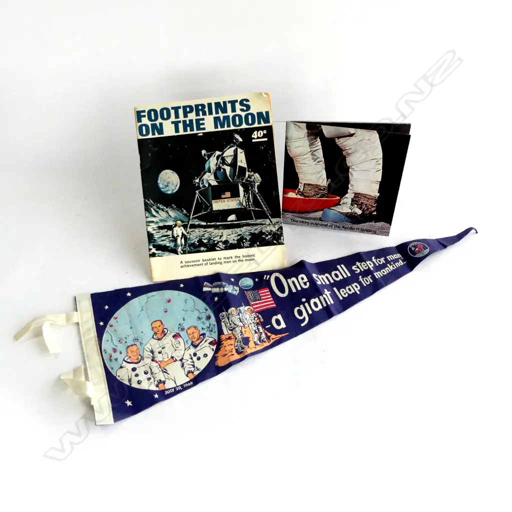 THREE 'MOON LAND' EPHEMERA; FOOTPRINTS ON THE MOON, VINTAGE APOLLO 11 PENNANT FLAG + APOLLO 11 LANDING RECORD Image 1++