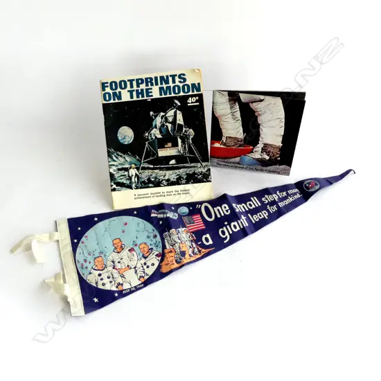 THREE 'MOON LAND' EPHEMERA; FOOTPRINTS ON THE MOON, VINTAGE APOLLO 11 PENNANT FLAG + APOLLO 11 LANDING RECORD