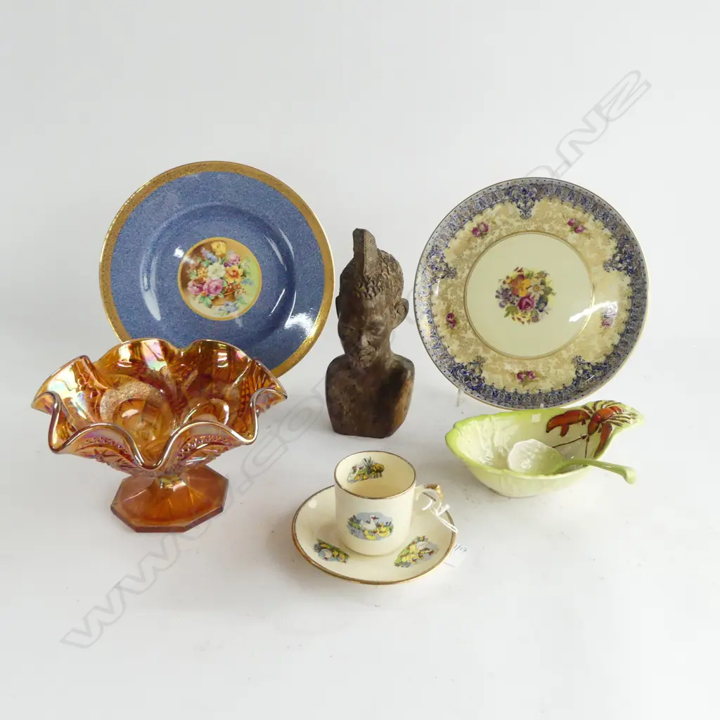 CROWN LYNN CHILDS C/S, CARNIVAL GLASS COMPORT, CARLTONWARE DISH, 2 PLATES, AFRICAN BUST H.185mm Image 1++