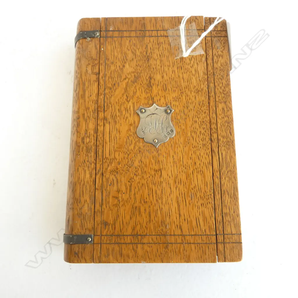 OAK BOX as a book WITH SLIDING LID silver shield plaque London 1919. H.150mm  Image 1++