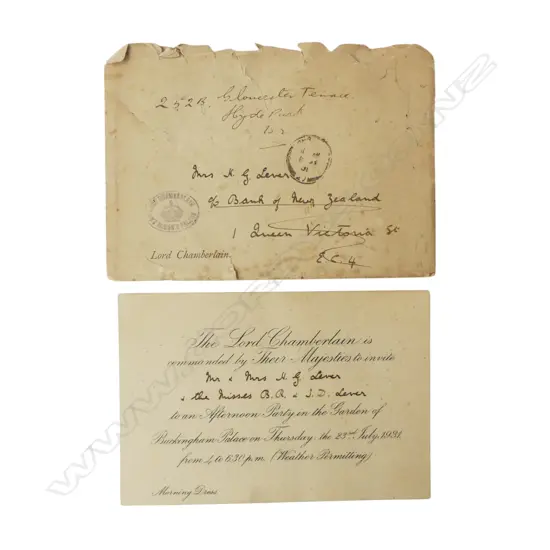 LETTER FROM THE LORD CHAMBERLAIN INVITING 'Mrs Desre Simpson' TO AN AFTERNOON PARTY AT THE GARDEN OF BUCKINGHAM PALACE..
