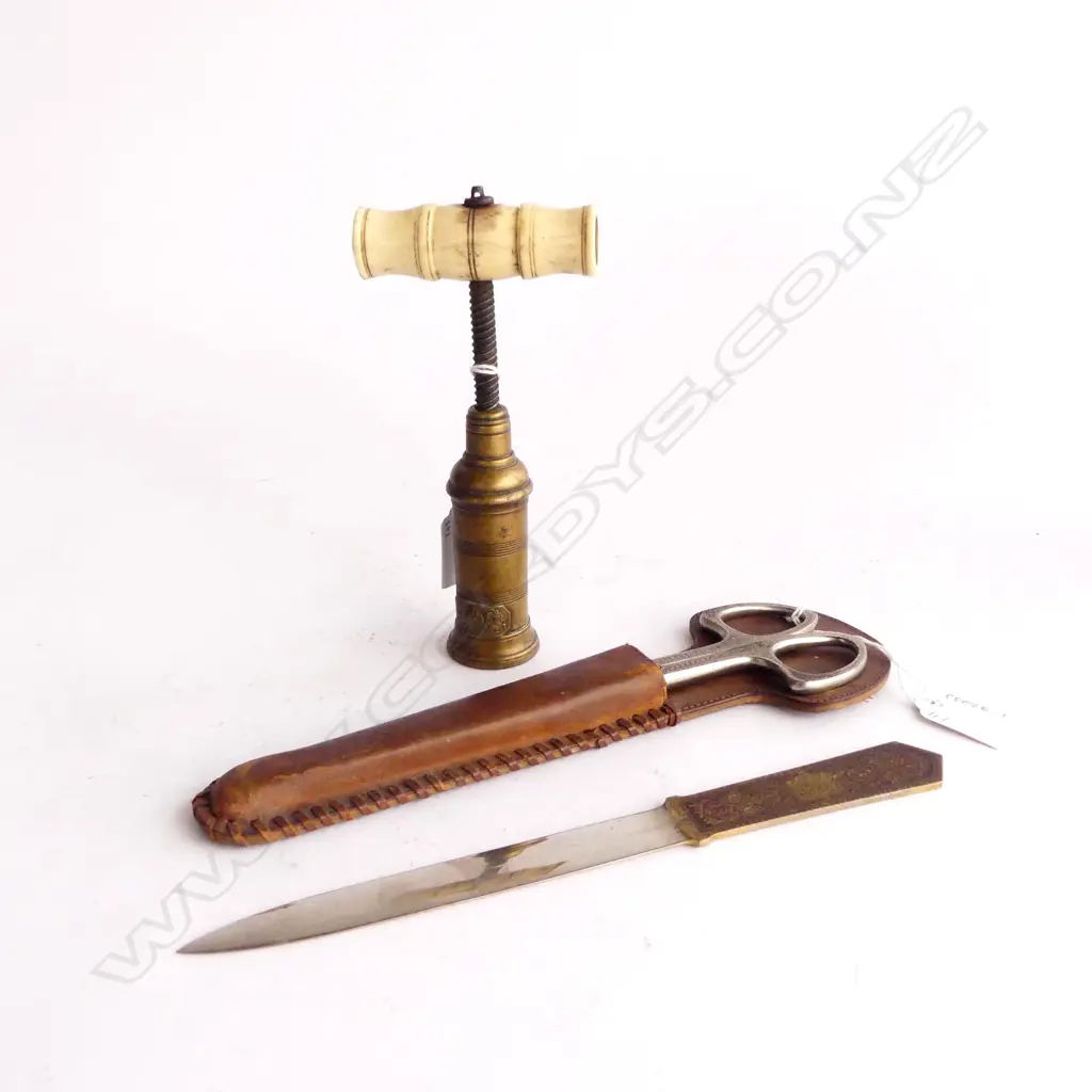 BONE & BRASS THOMASON-TYPE CORKSCREW L.160mm + GERMAN SCISSORS & LETTER OPENER IN LEATHER SHEATH Image 1++