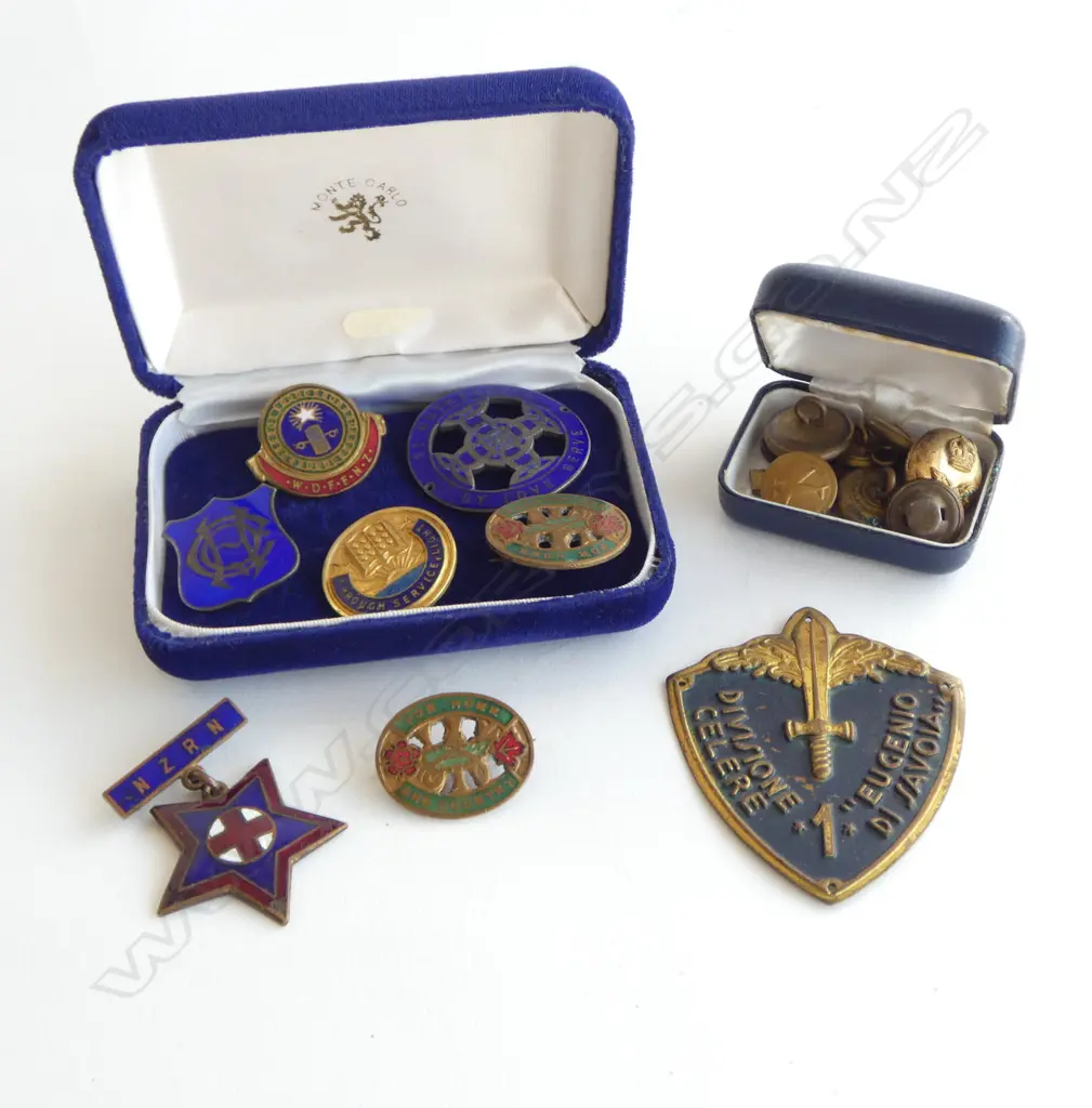 ASST. SILVER, METAL & ENAMEL BADGES + MILITARY BUTTONS Image 1++