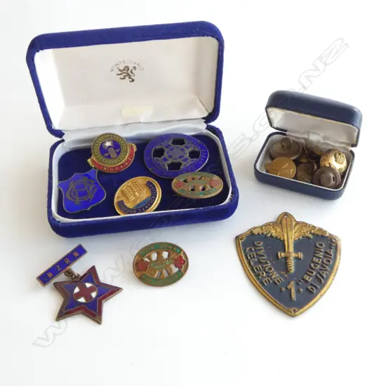 ASST. SILVER, METAL & ENAMEL BADGES + MILITARY BUTTONS