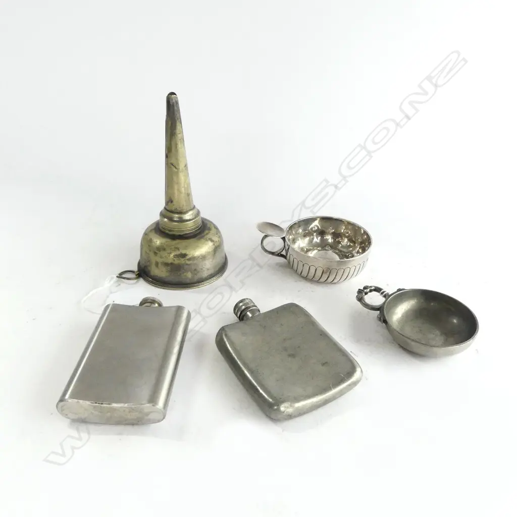 FRENCH SILVER PLATE? WINE TASTING CUP + ANOTHER + 2 HIPFLASKS + WINE FUNNEL Image 1++