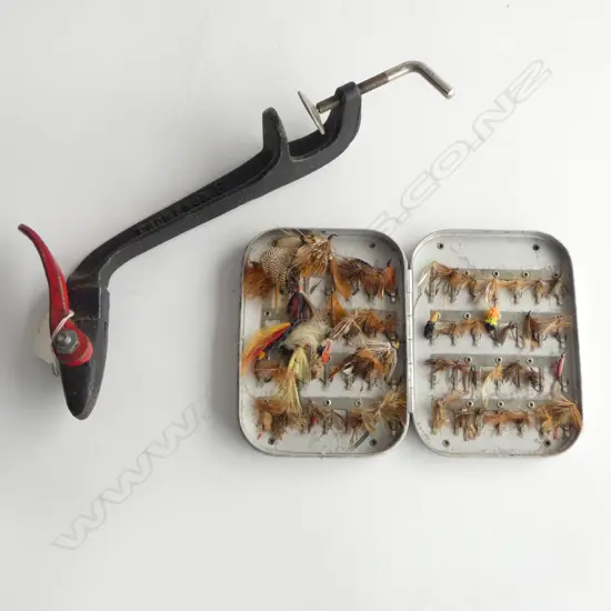 A selection of angler's miscellany ex. Keith Draper's 'Tackle House': Thompson fly tying vice + Wheatley fly box.