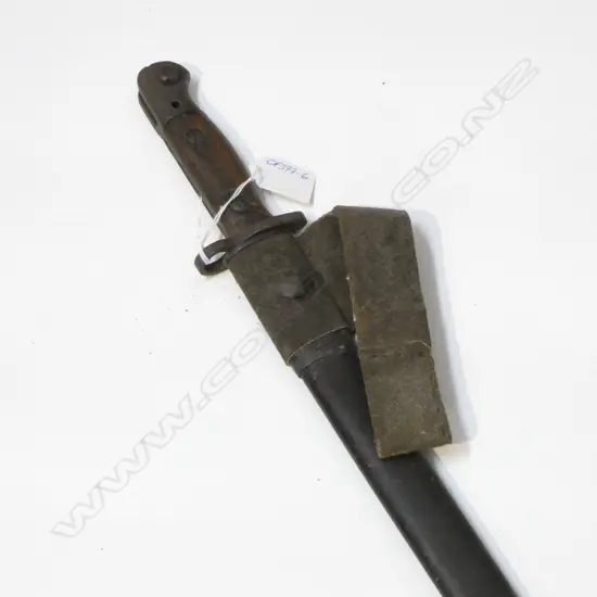 BAYONET IN SCABBARD with leather frog 1 wooden grip with small chip, Scabbard w leather cover