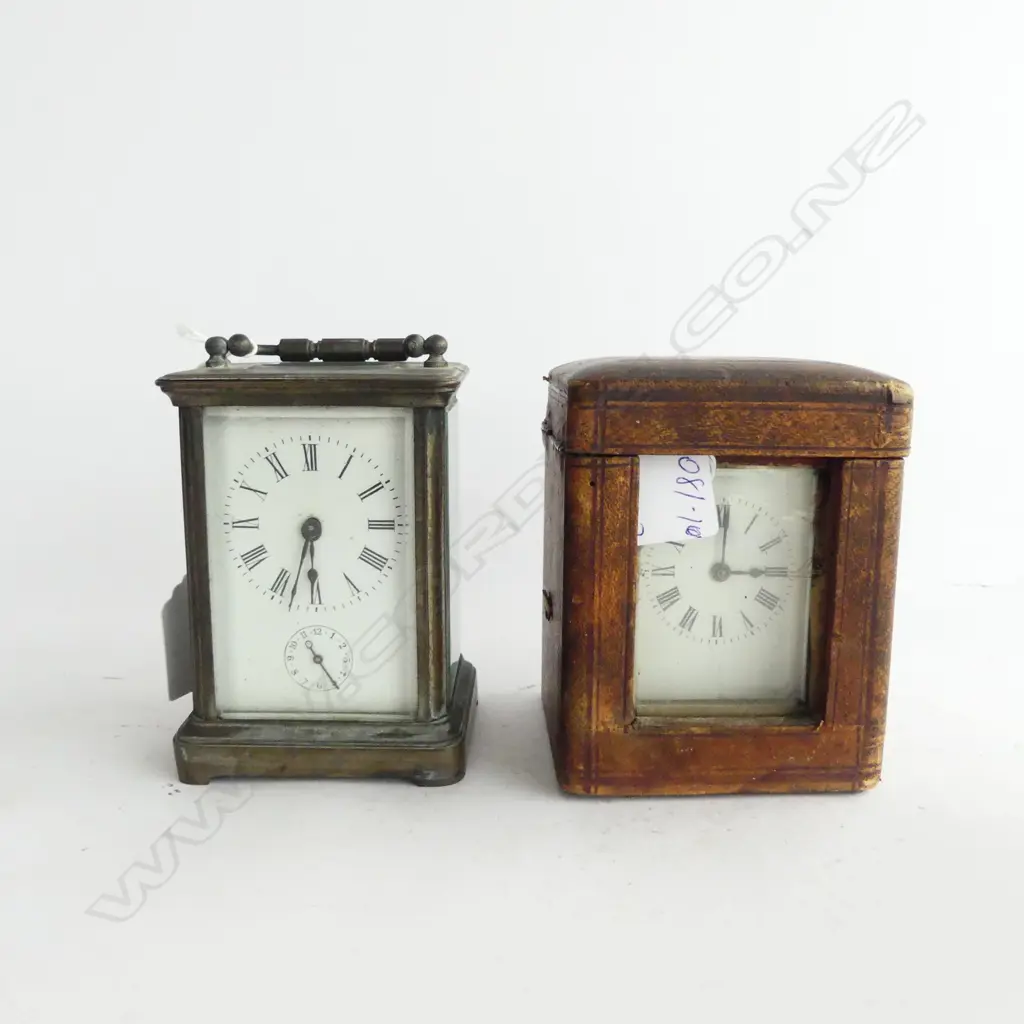 TWO OLD CARRIAGE CLOCKS, ONE IN ORIGINAL LEATHER CASE HANDLE MISSING  Image 1++