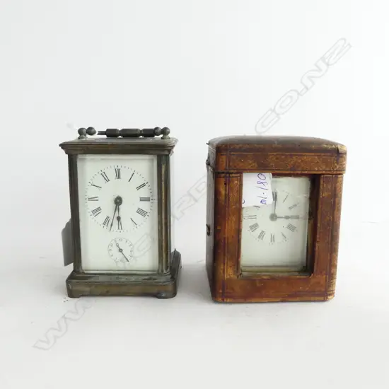 TWO OLD CARRIAGE CLOCKS, ONE IN ORIGINAL LEATHER CASE HANDLE MISSING 
