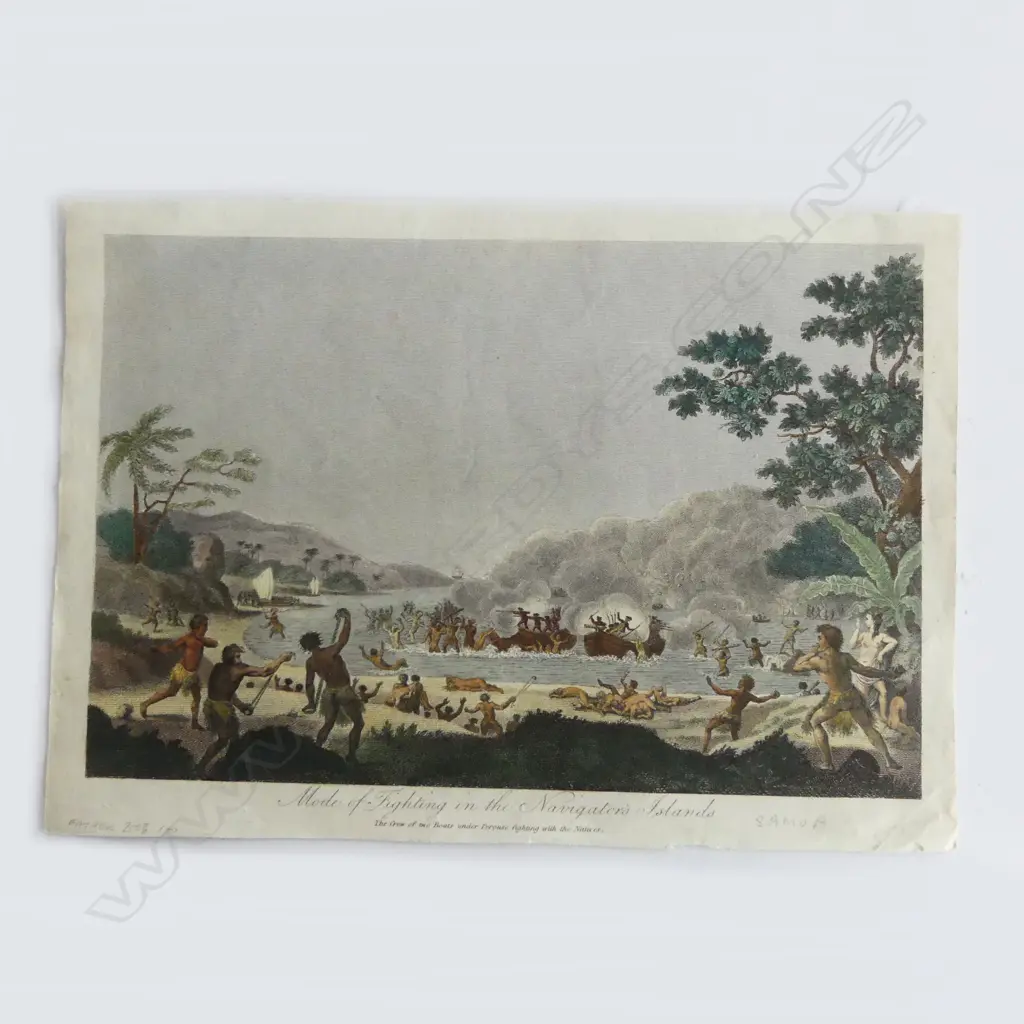 LITHOGRAPH (from book) 'Mode of fighting in the Navigator's Islands' (Samoa), H.200 X 270mm Image 1++
