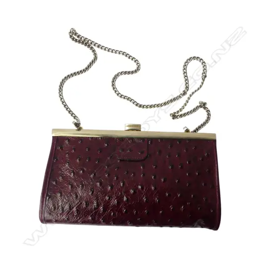 BURGUNDY OSTRICH LEATHER PURSE WITH CHAIN HANDLE - excellent condition