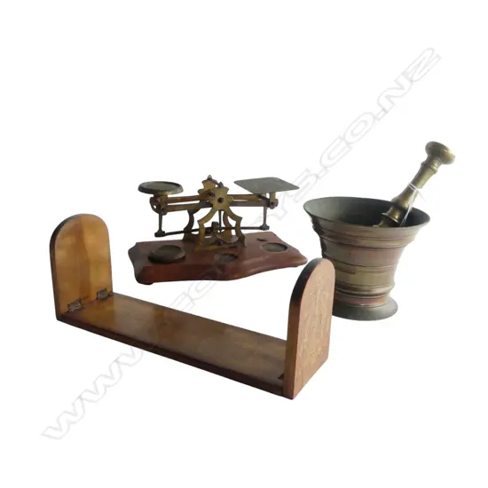 SCALES, BRASS MORTAR & PESTLE, FOLDING STAND