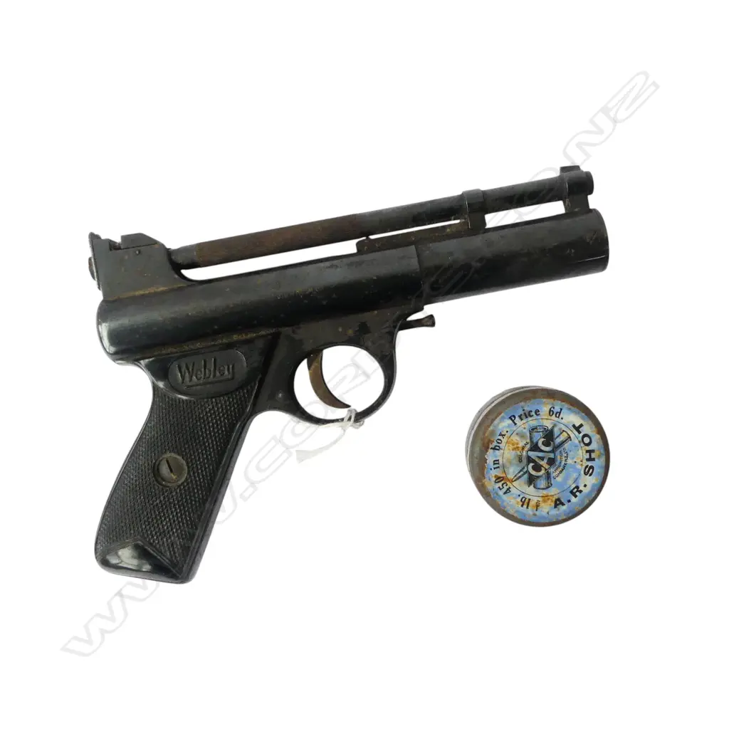 VINTAGE 'THE WEBLEY "MARK I" Made in England' AIR PISTOL + TIN OF PELLETS Image 1++