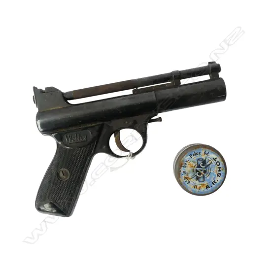 VINTAGE 'THE WEBLEY "MARK I" Made in England' AIR PISTOL + TIN OF PELLETS