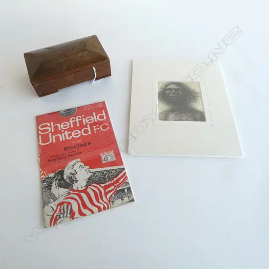 DECO BURR CIG. BOX, CRAIG MURRAY PRINT + VINTAGE 1968 SHEFFIELD UNITED F.C. vs CHELSEA PROGRAMME