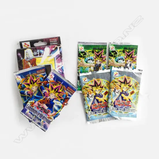 UNOPENED 'YU-GI-OH' CARDS; 2 Legacy of Darkness, 2 MagicRuler & 2 other cards & game (possibly copies?)