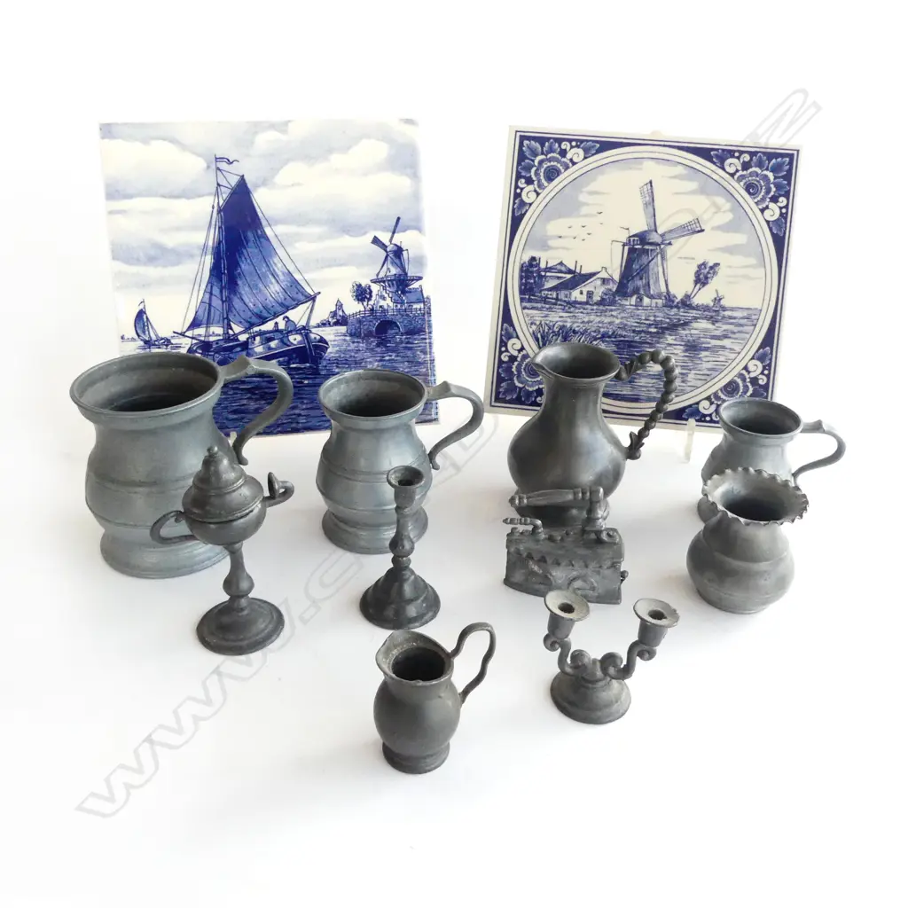 ASST. PEWTER WARE + 2 B/W TILES 155x155mm Image 1++