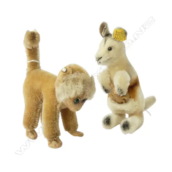 2 VINTAGE SMALL STEIFF ANIMALS; MONKEY & KANGAROO, BOTH w BUTTONS, TALLEST H.140mm