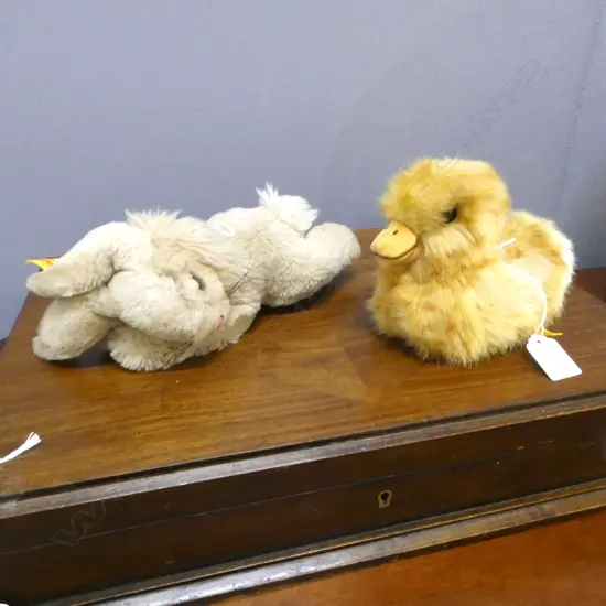 2 VINTAGE STEIFF SOFT TOYS; DUCKLING & RABBIT, both w button & flag, 120 x 130mm & 90 x 200mm