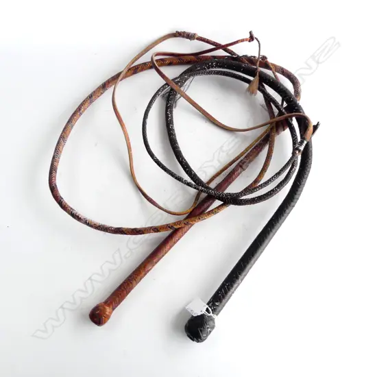 2 OLD LEATHER PLAITED WHIPS