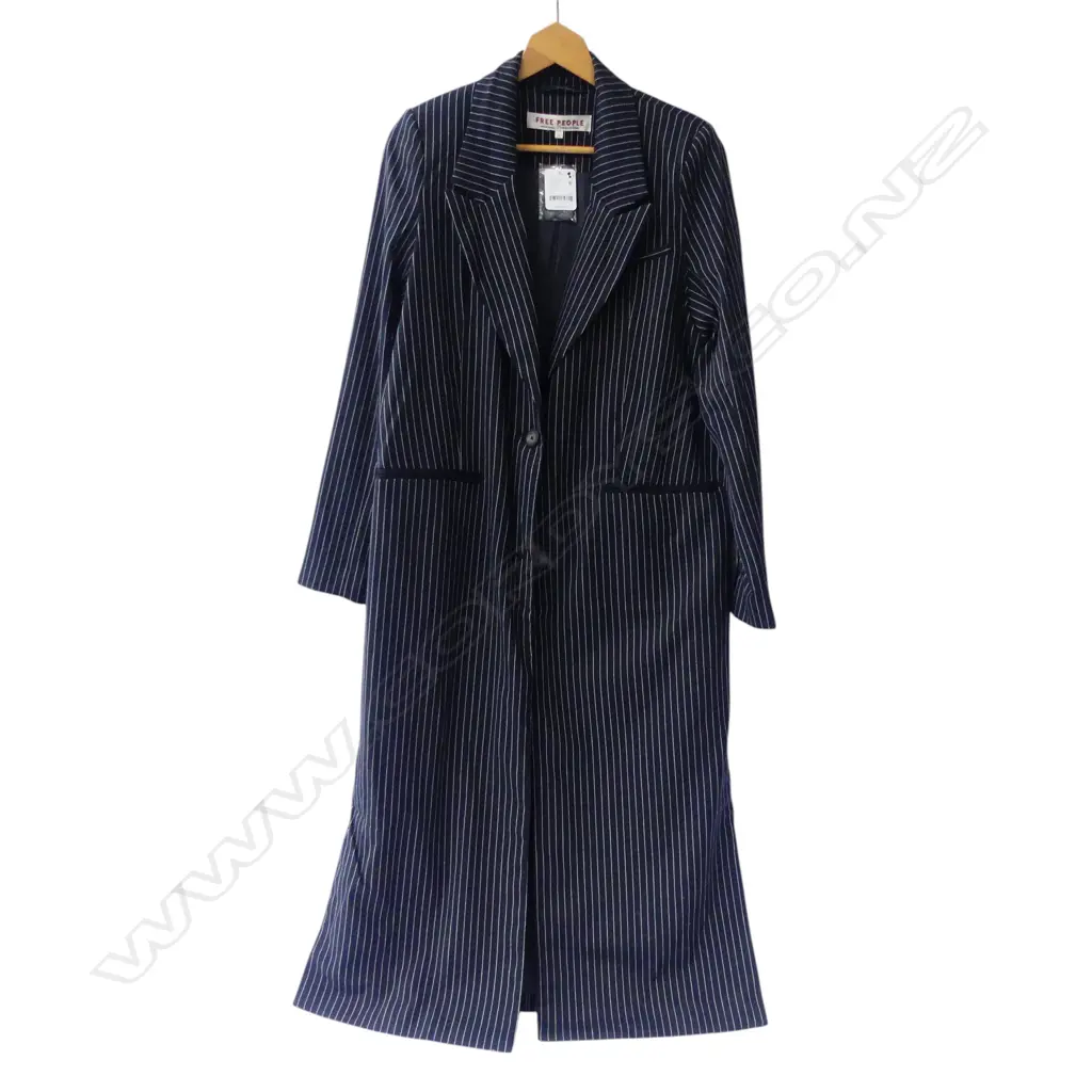 FREE PEOPLE BLACK PIN-STRIPE TRENCH OVERCOAT (AS NEW); SIZE L Image 1++