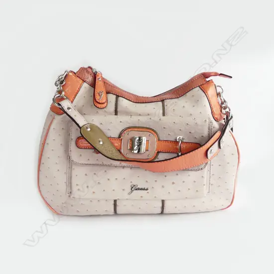 .GUESS OSTRICH SKIN HANDBAG PEACH COLOUR L380MM WITH DUST COVER