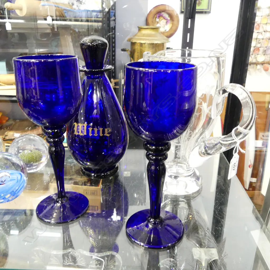 BLUE GLASS DECANTER & PR WINE GLASSES + STUART CRYSTAL JUG H.220mm Image 1++