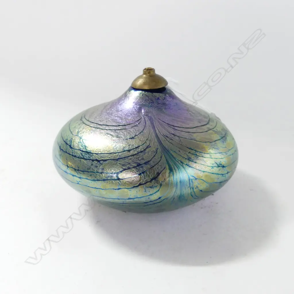 Alan Fox (Australian) IRIDESCENT PEACOCK TYPE GLASS OIL LAMP compressed circular form Signed 'A. Fox '97. W.A.' Dia.115m Image 1++