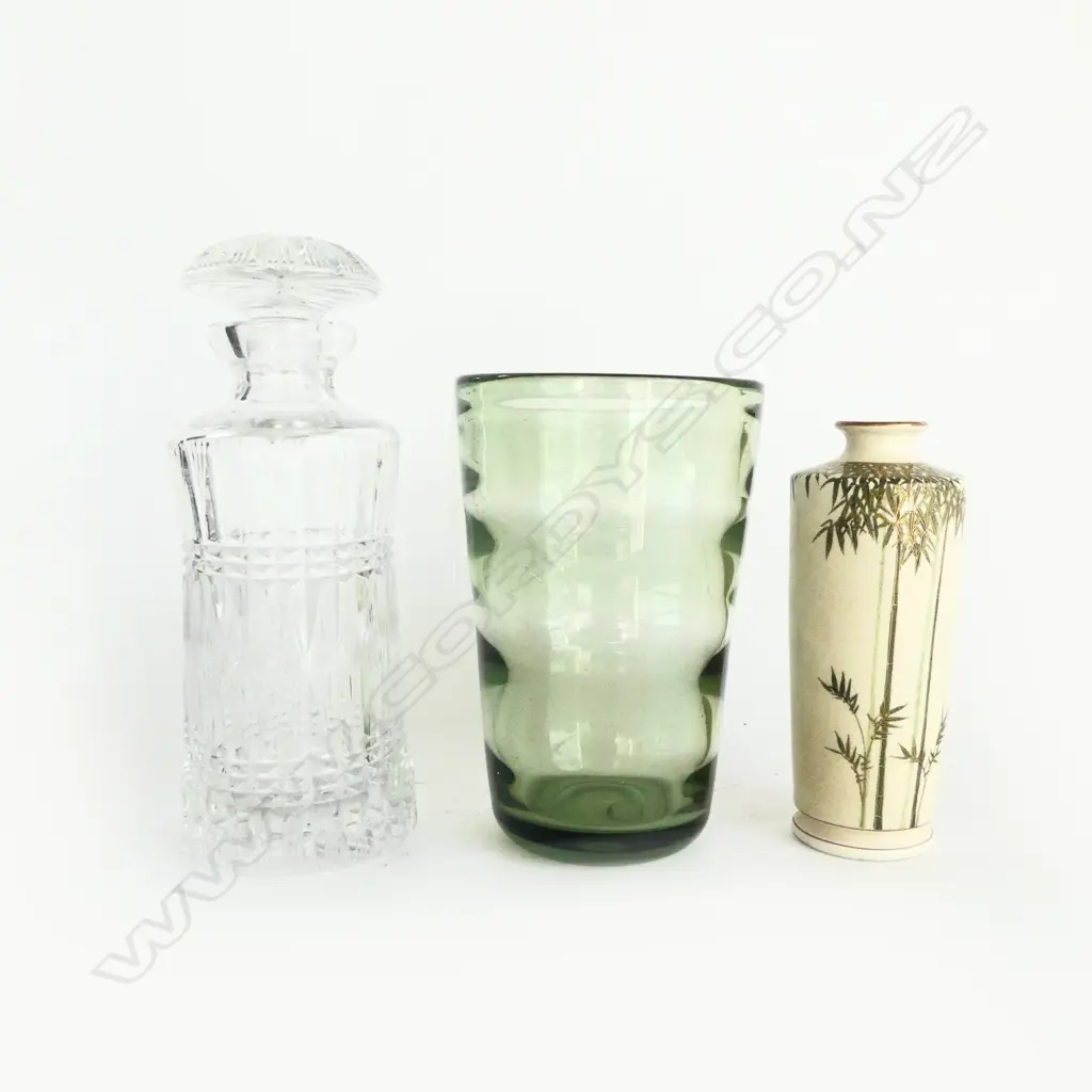WHITEFRIARS GREEN WAVE VASE, H.200mm, JAPANESE SATSUMA VASE & CRYSTAL DECANTER Image 1++