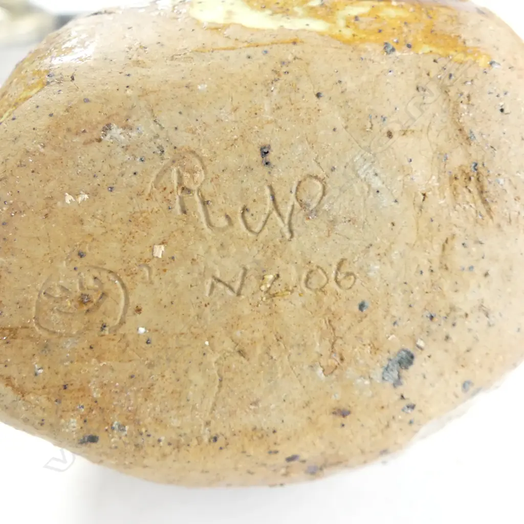 2 PCES NZ STUDIO POTTERY; OWL/MONKEY ASHTRAY, DOUBLE NECK VASE H.175mm Image 1++