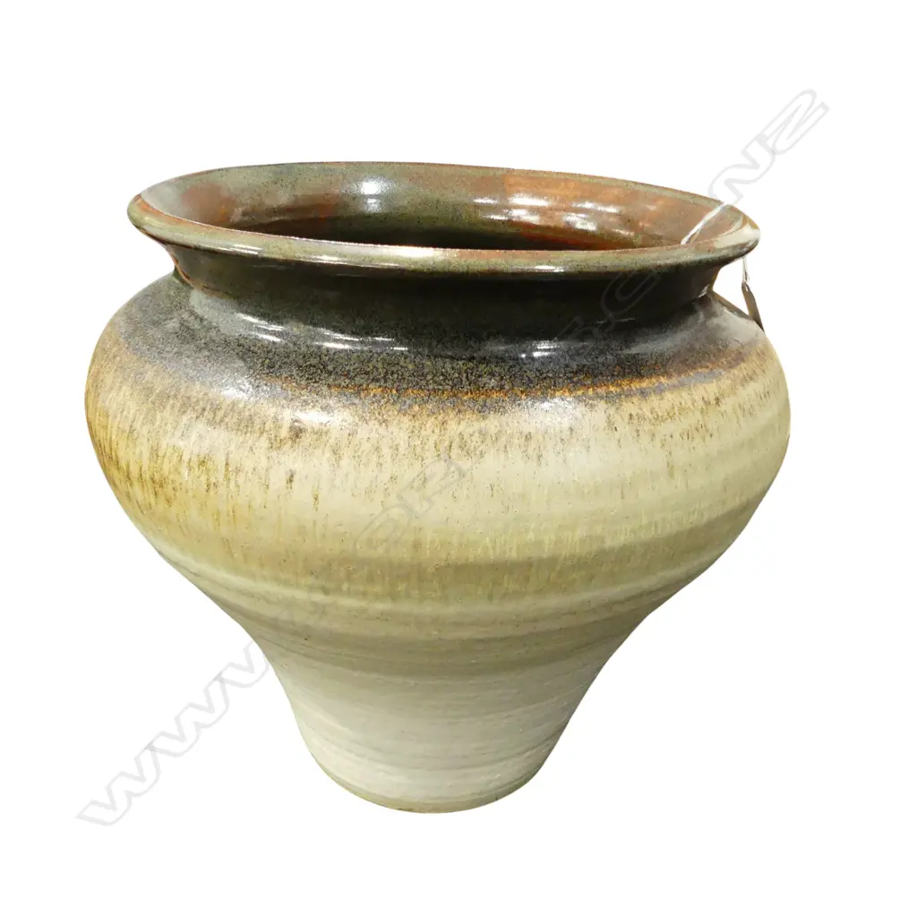 VERY LARGE POTTERY FLOOR POT flared form with everted rim dark brown rim & interior. H.380mm Image 1++
