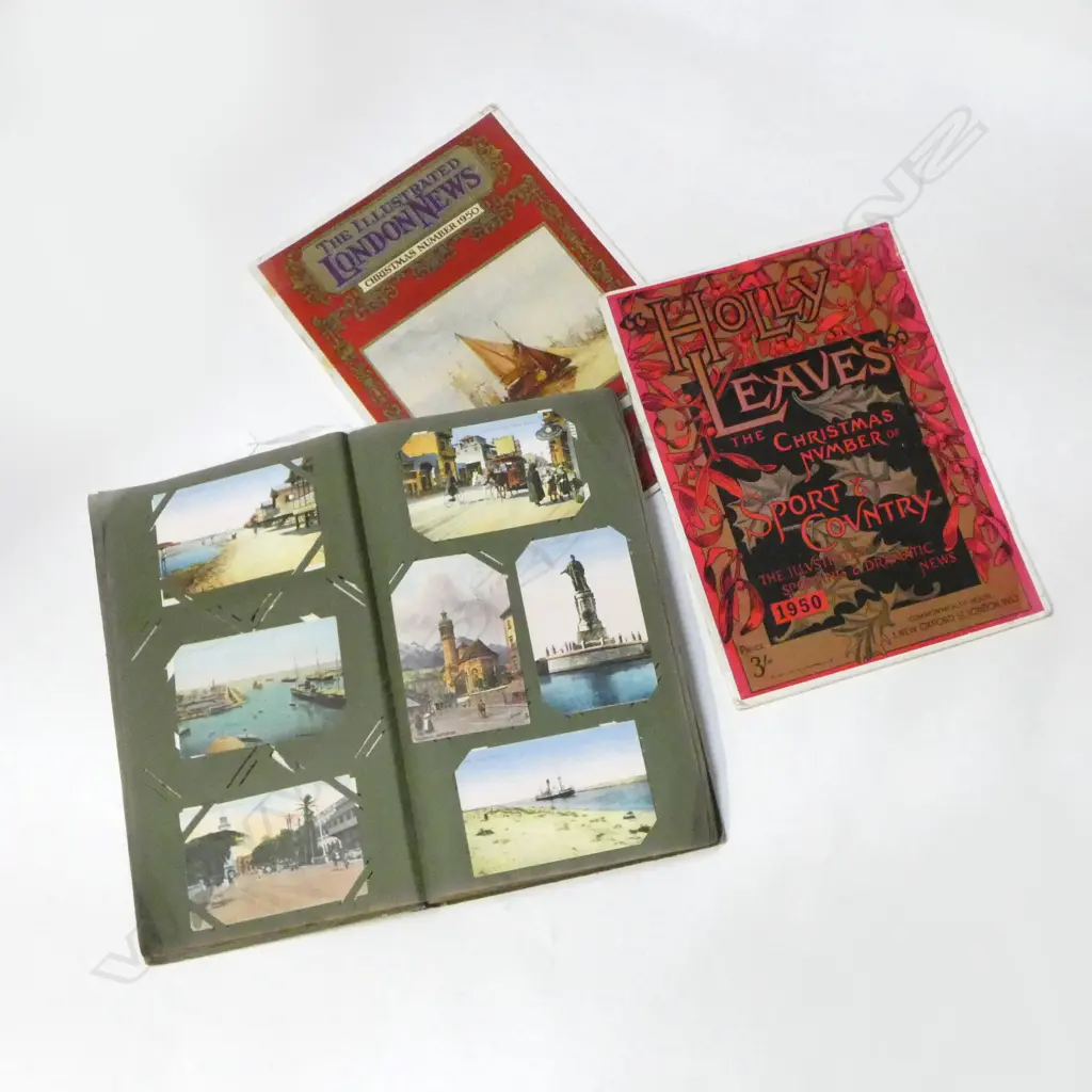 VINTAGE POST CARD ALBUM, LONDON NEWS CHRISTMAS 1950 & HOLLY LEAVES ILLUSTRATED SPORTING & DRAMATIC NEWS etc Image 1++