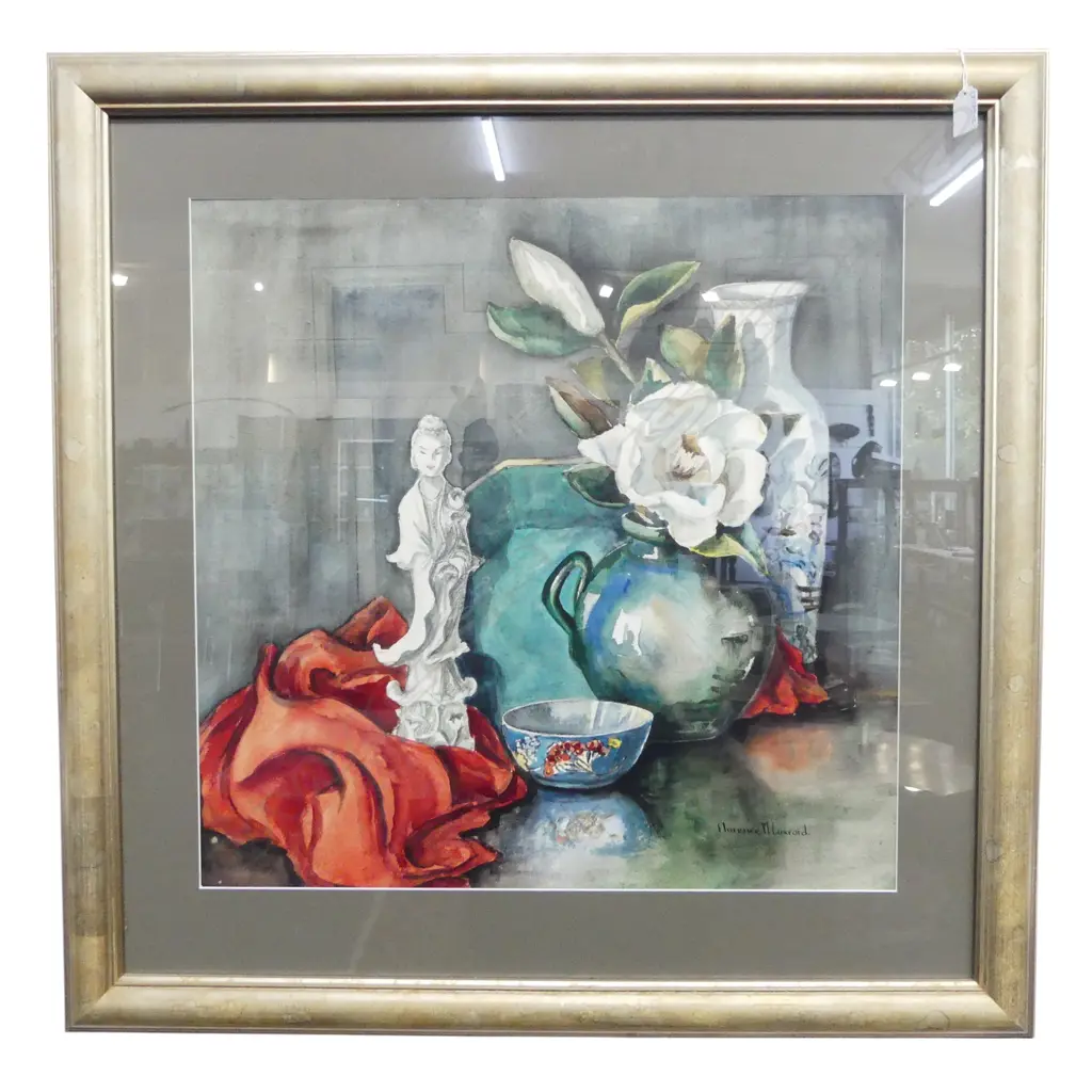 FLORENCE M. LUXFORD, ORIENTAL/FLOWER STILL LIFE W/C, 550x560mm Image 1++