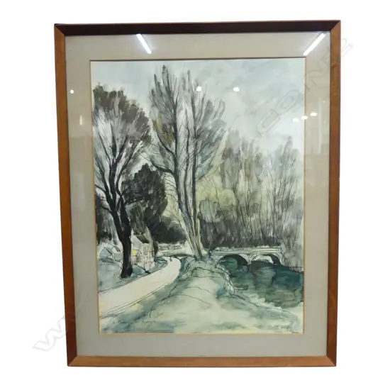 "LANDSCAPE WITH A BRIDGE", ANDRE DUNOYER DE SEGONZAC, FRAMED SIGNED PRINT, 520 X 400MM