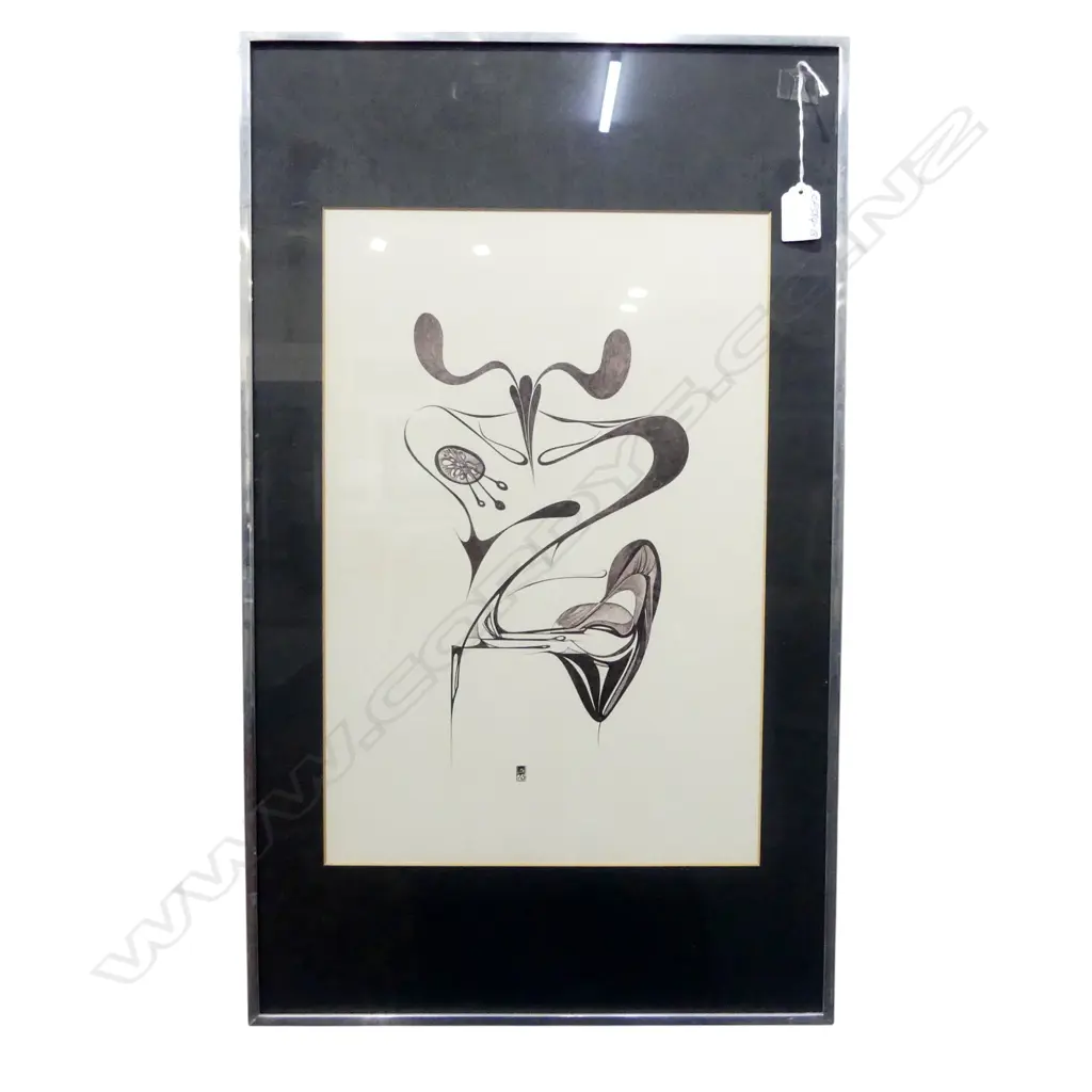 1970's LONDON ARTIST UNKNOWN untitled organic ink sketch Monogrammed & dated '73 425 x 285mm. In aluminium frame. Image 1++