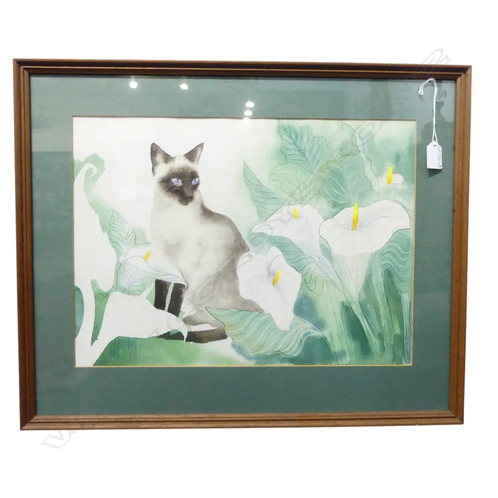 ARTIST UNKNOWN SIMESE CAT watercolour on paper 330 x 450mm Image 1++