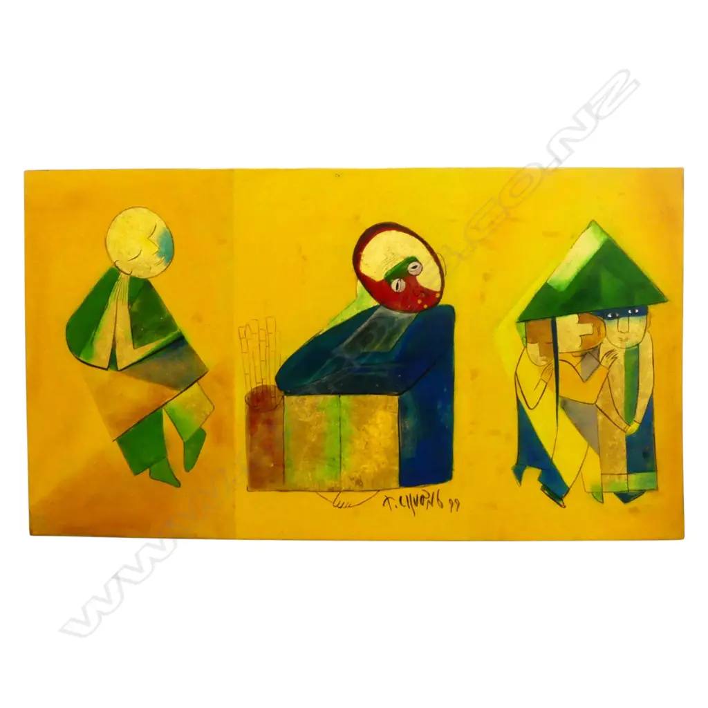 NGUYEN THANH CHUONG (VIETNAMESE b.1949), ABSTRACT, LACQUER & GOLD LEAF ON BOARD, SIGNED & DATED '99, 350x620mm Image 1++