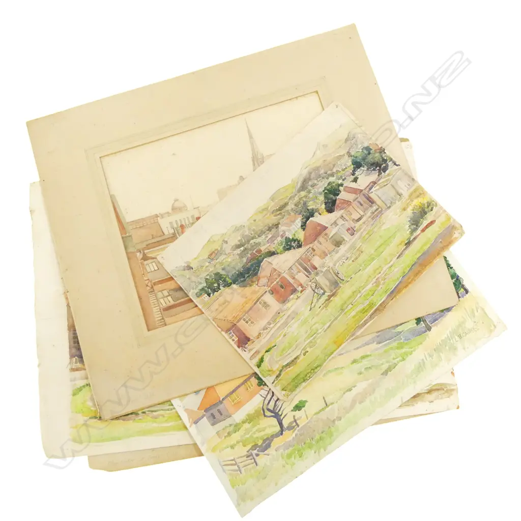 6 1930s LOUISE B. CASBOLT WCs; MANCHESTER ST BRIDGE CHCH, ROOFTOPS, 4 LANDSCAPES w. STATE HOUSES 330x460mm FOXING Image 1++
