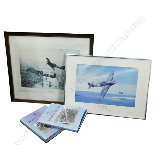 2 FRAMED PRINTS SIGNED BY BATTLE OF BRITAIN PILOTS + 2 VOLUMES OF 'MEN OF THE BATTLE OF BRITAIN'