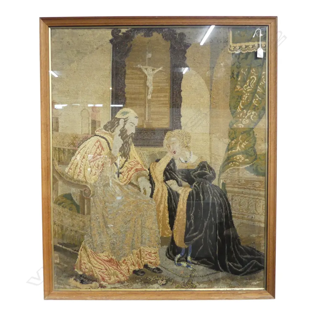 LARGE VICTORIAN FRAMED TAPESTRY wool & silk w bead & pearl highlights. Priest taking confession Framed. 1080 x 900mm Image 1++