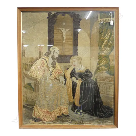LARGE VICTORIAN FRAMED TAPESTRY wool & silk w bead & pearl highlights. Priest taking confession Framed. 1080 x 900mm