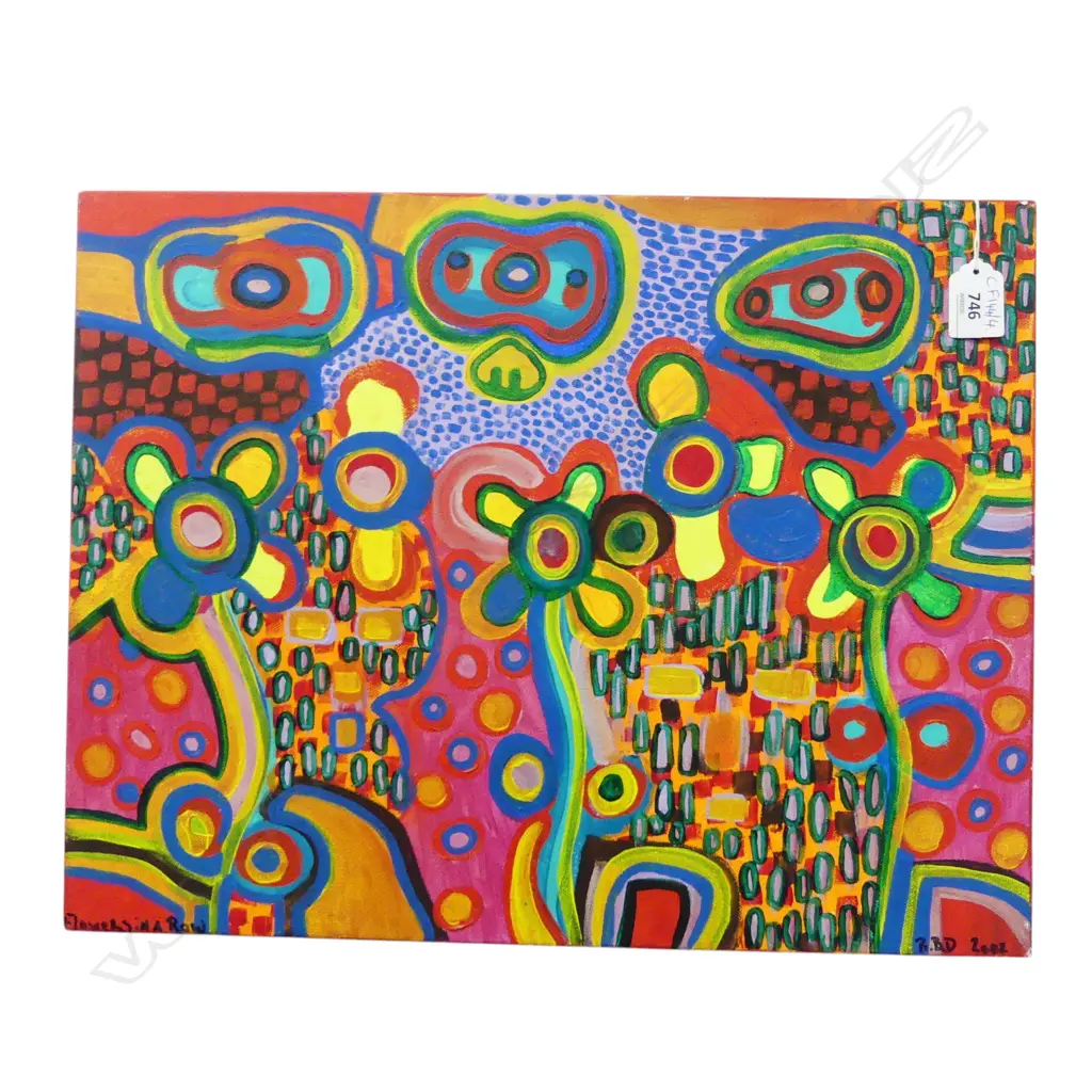 RICHARD BOYD-DUNLOP (NZ b. 1973) 'FLOWERS IN A ROW' ACRYLIC ON CANVAS 2002 355x455mm Image 1++