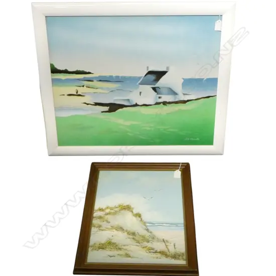 2 FRAMED COASTAL SCENE PAINTINGS, LARGEST 490x590mm damage to larger